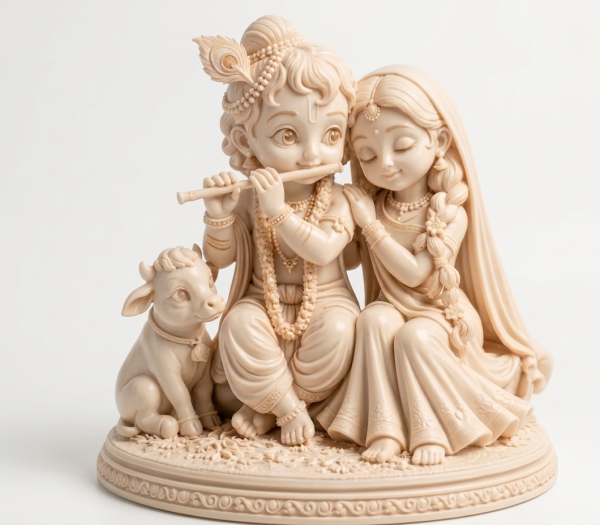 Premium 3D Printed Radha Krishna Idol with Cow Showpiece for Home Decor & Gifting